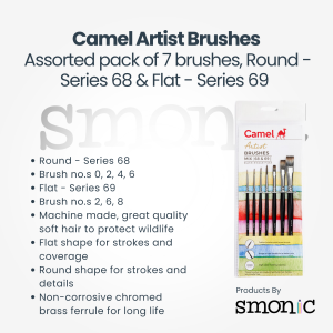 Camel Artist Brushes Assorted Pack Of 7 Brushes, Round - Series 68 & Flat - Series 69